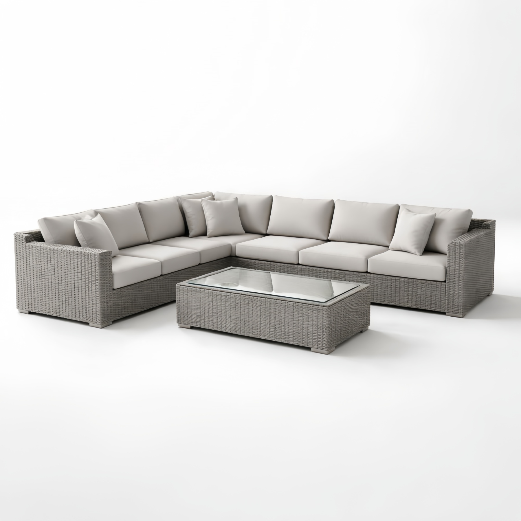Divano Angolare in Rattan Sintetico Grigio con Cuscini in Poliestere e Tavolino Vetro Temperato 6 Posti