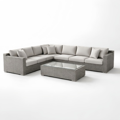 Divano Angolare in Rattan Sintetico Grigio con Cuscini in Poliestere e Tavolino Vetro Temperato 6 Posti