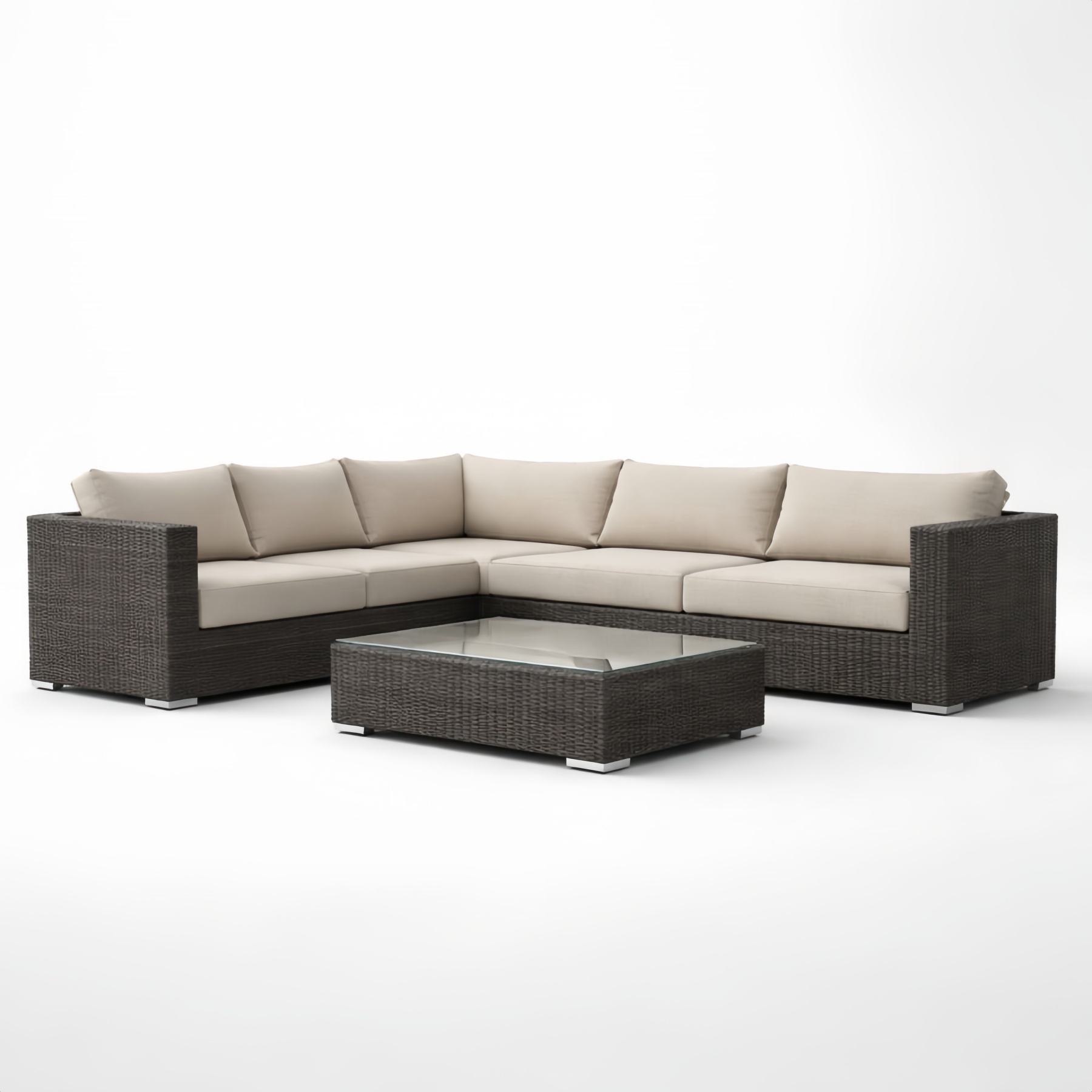 Divano angolare da esterno in rattan con tavolino in vetro temperato