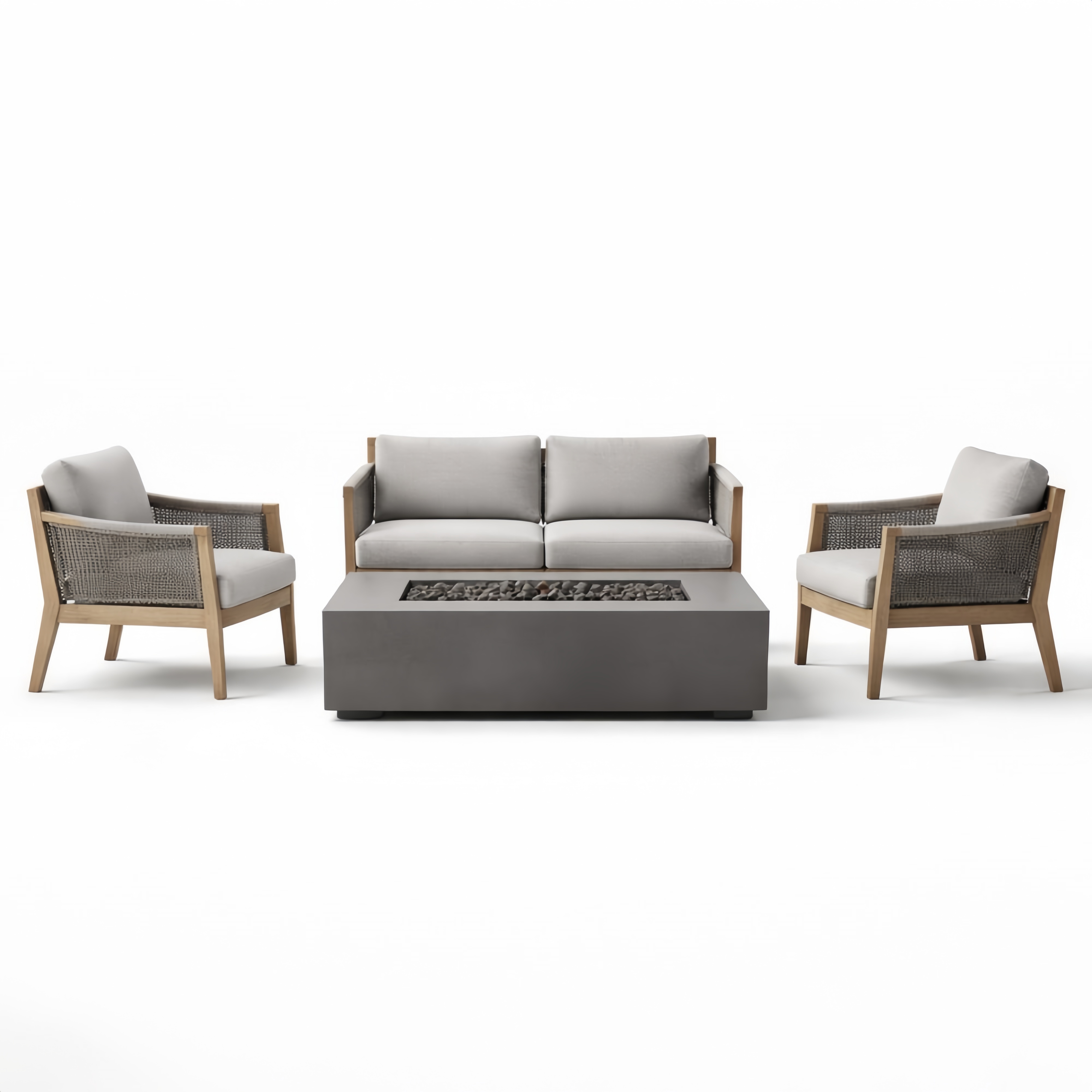 Set divano esterno con struttura in teak e tavolo in cemento