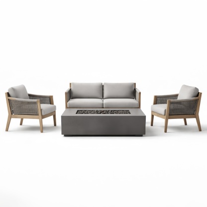 Set divano esterno con struttura in teak e tavolo in cemento