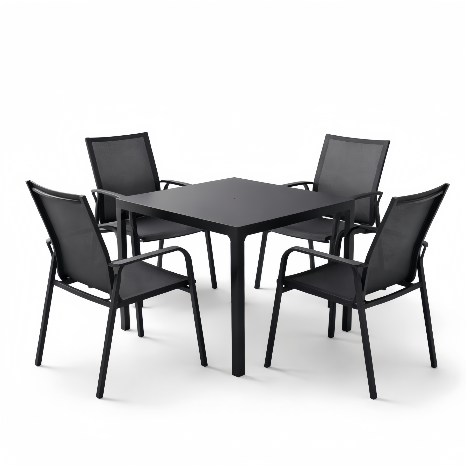 Set da Giardino Tavolo Quadrato in Alluminio con 4 Sedie in Textilene Nero
