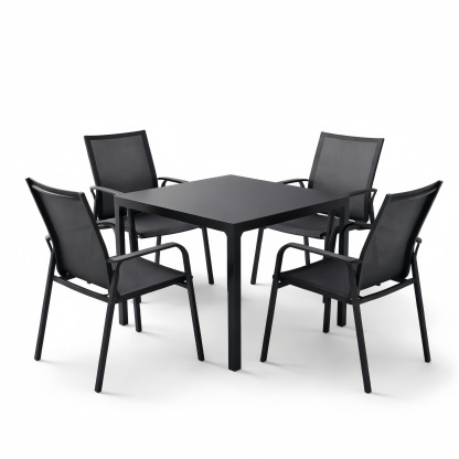 Set da Giardino Tavolo Quadrato in Alluminio con 4 Sedie in Textilene Nero