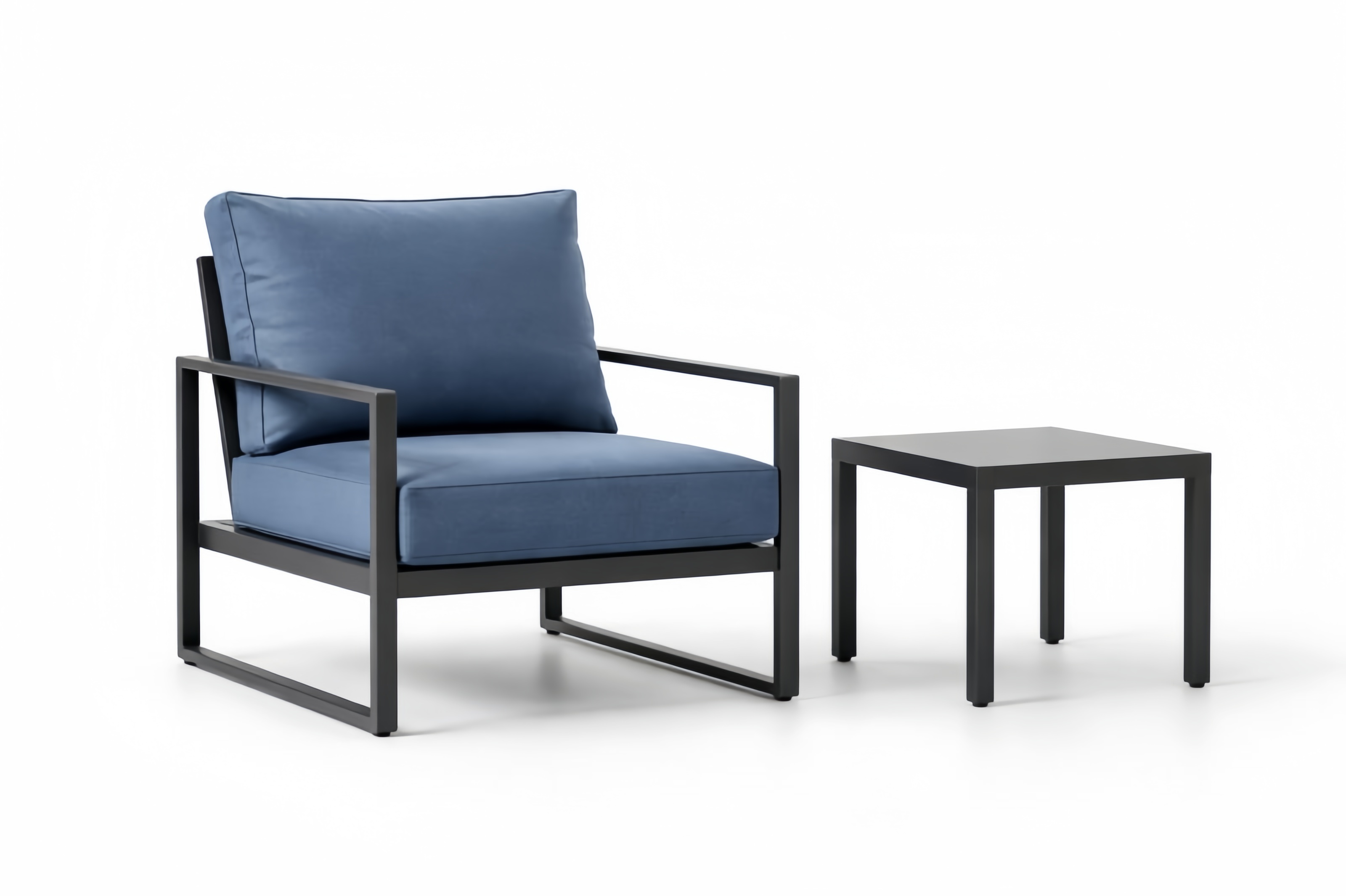 Set Poltrona e Tavolino da Esterno in Tessuto Poliestere Blu e Alluminio Nero