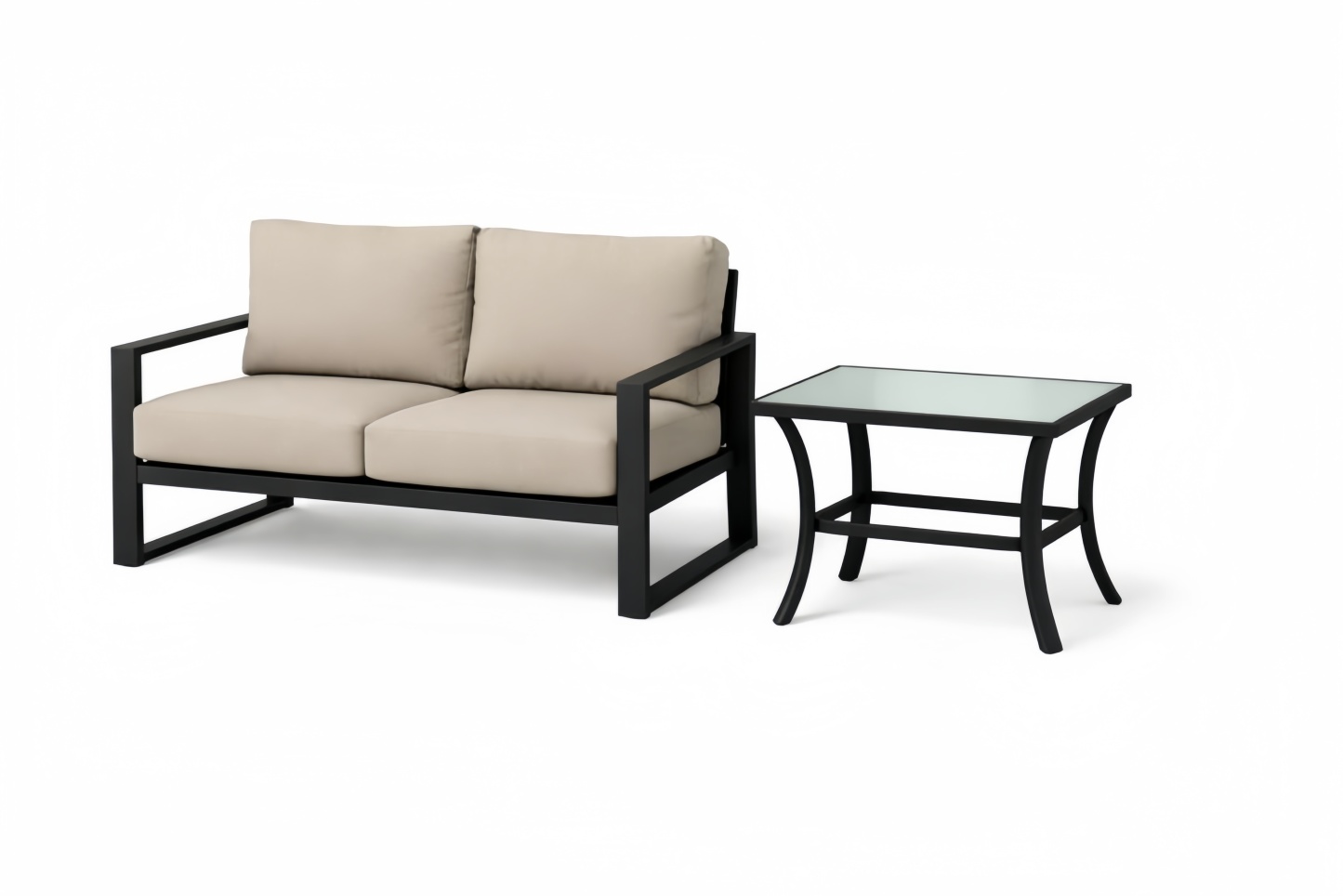 Set Divano 2 Posti in Alluminio Nero con Cuscini Beige e Tavolino in Vetro