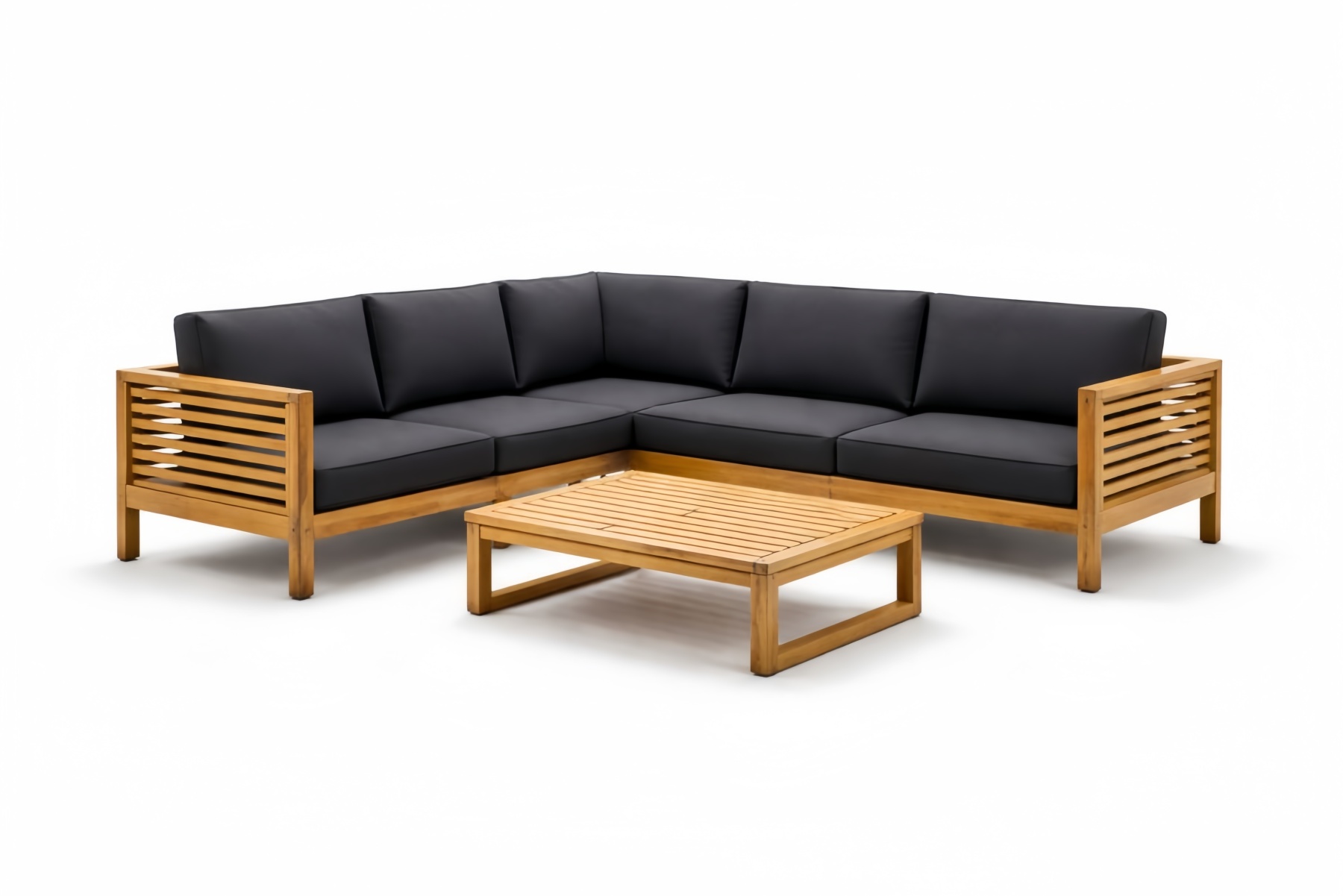 Set Angolare da Esterno in Legno Massello di Acacia con Cuscini Neri