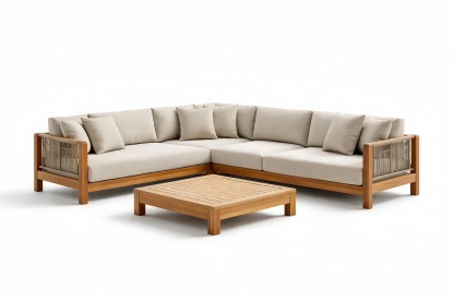 Divano Angolare Modulare in Legno di Teak con Cuscini in Poliestere Beige
