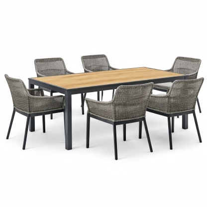 Set da Giardino Tavolo Rettangolare Legno 6 Sedie Rattan Metallo