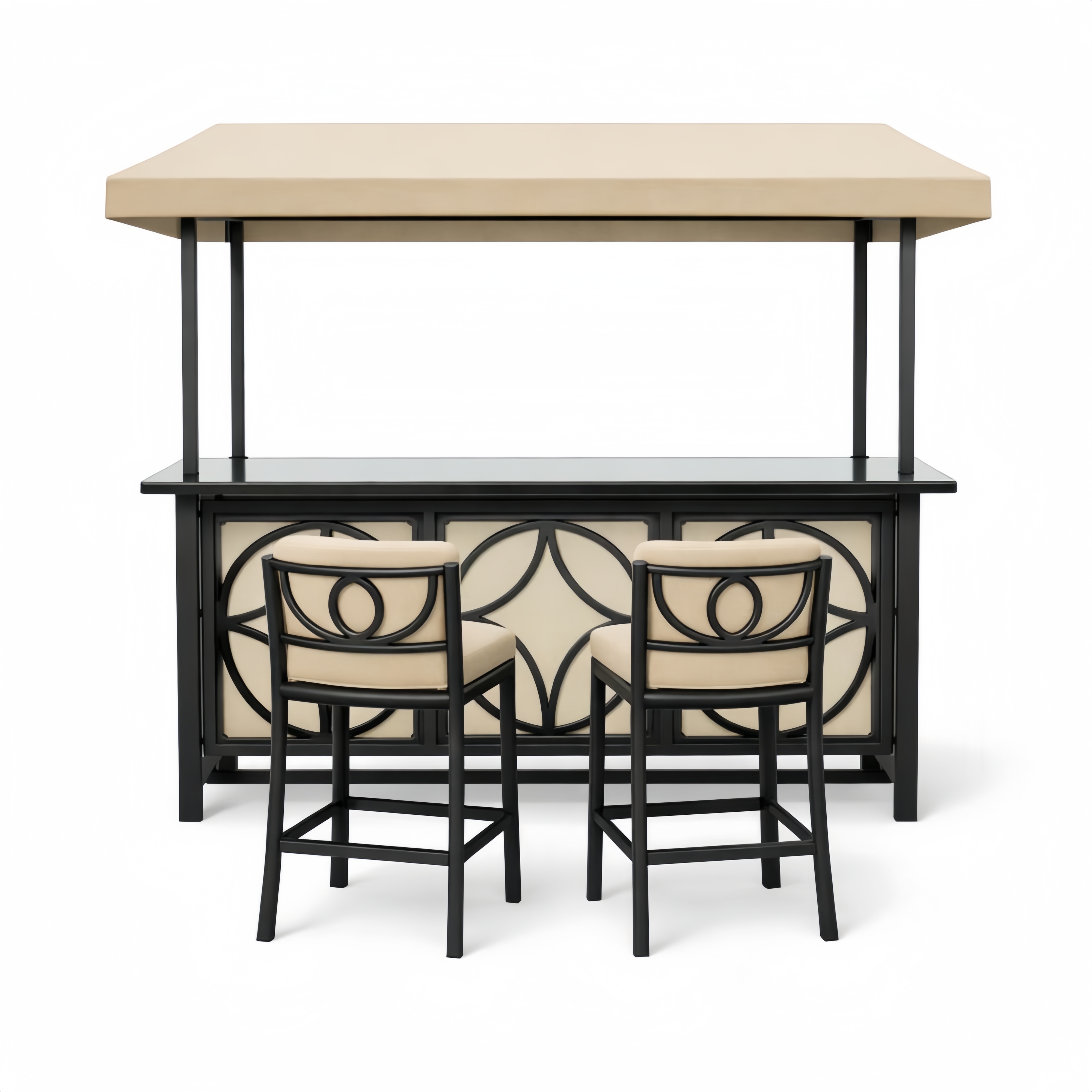 Set bar da esterno in metallo con sedie e copertura, nero e beige