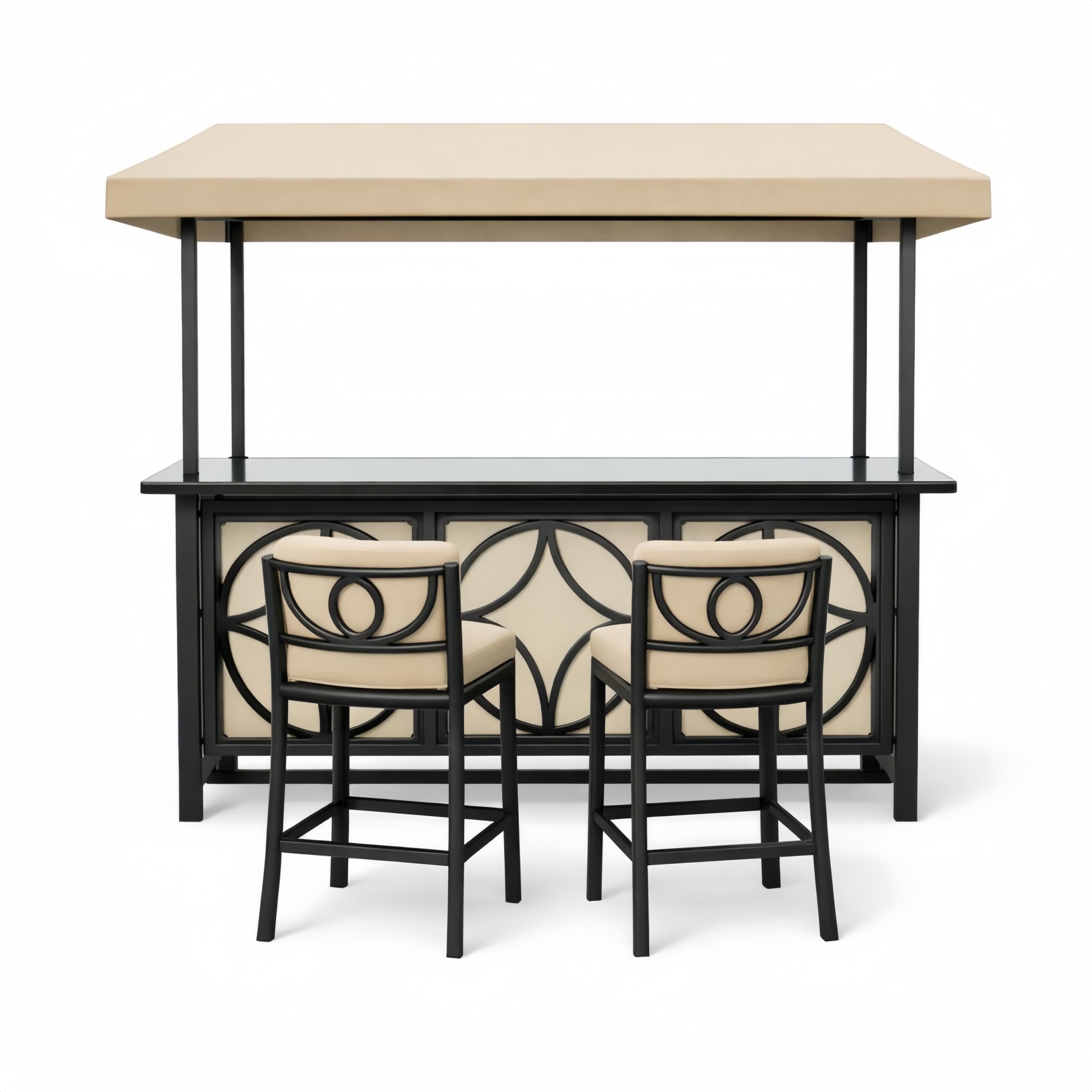 Set bar da esterno in metallo con sedie e copertura, nero e beige