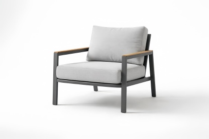 Sedia relax da esterno in Alluminio con rivestimento in Tessuto Poliestere Grigio e braccioli in Legno massello