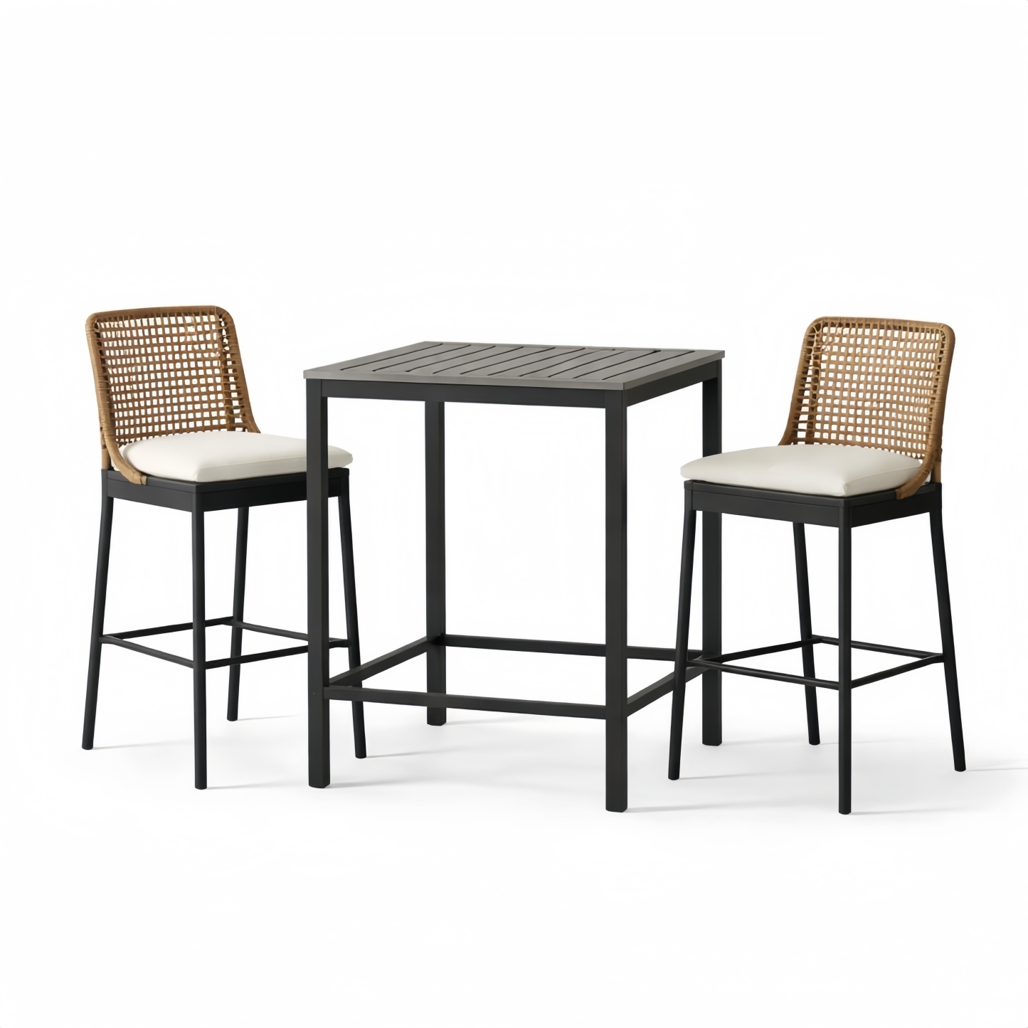 Set Tavolo e Sedie da Esterno in Metallo Nero e Rattan con Cuscini