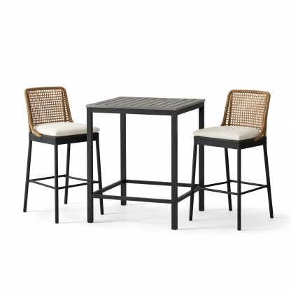 Set Tavolo e Sedie da Esterno in Metallo Nero e Rattan con Cuscini