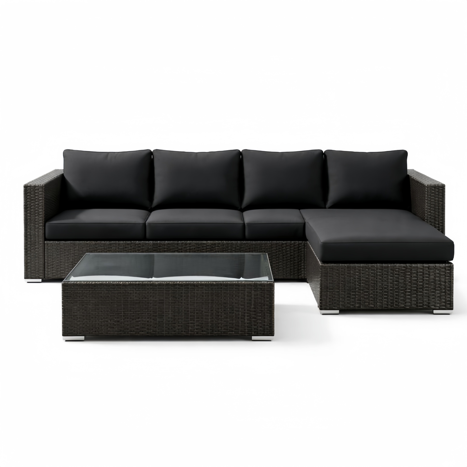 Set Divano Angolare da Giardino in Rattan con Tavolino in Vetro Nero