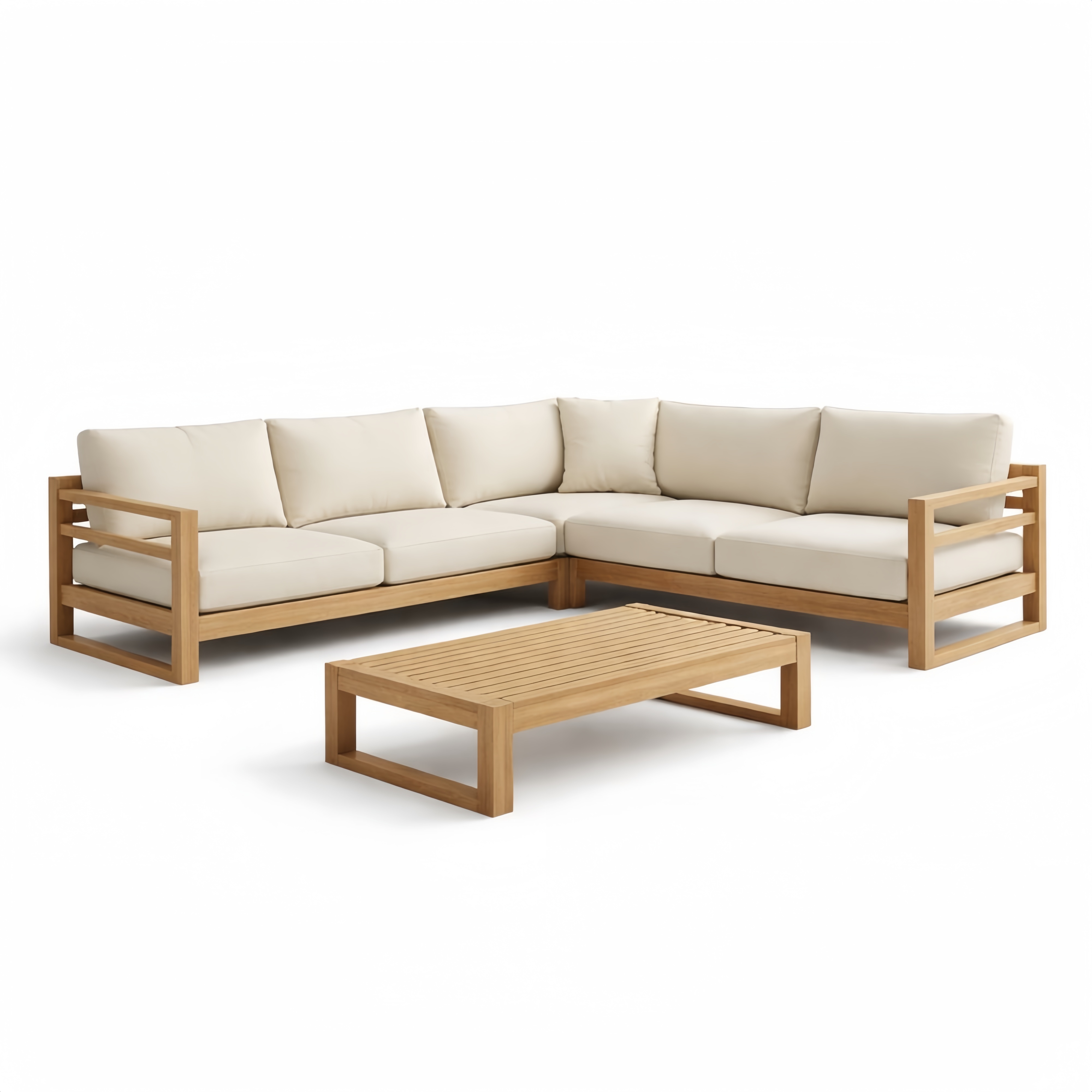 Set divano angolare da giardino in legno di teak con cuscini crema