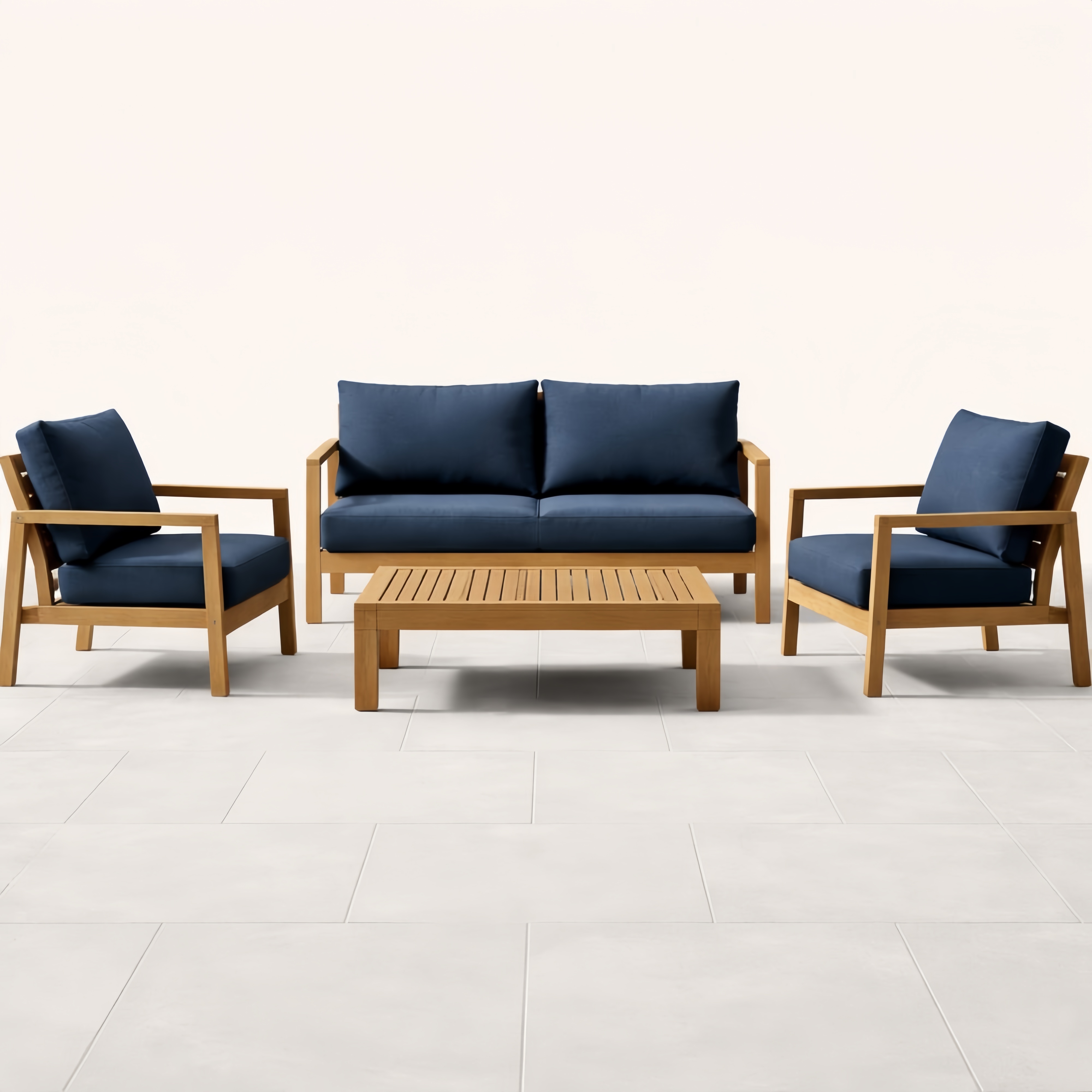 Set salotto esterno in legno con cuscini Blu Scuro