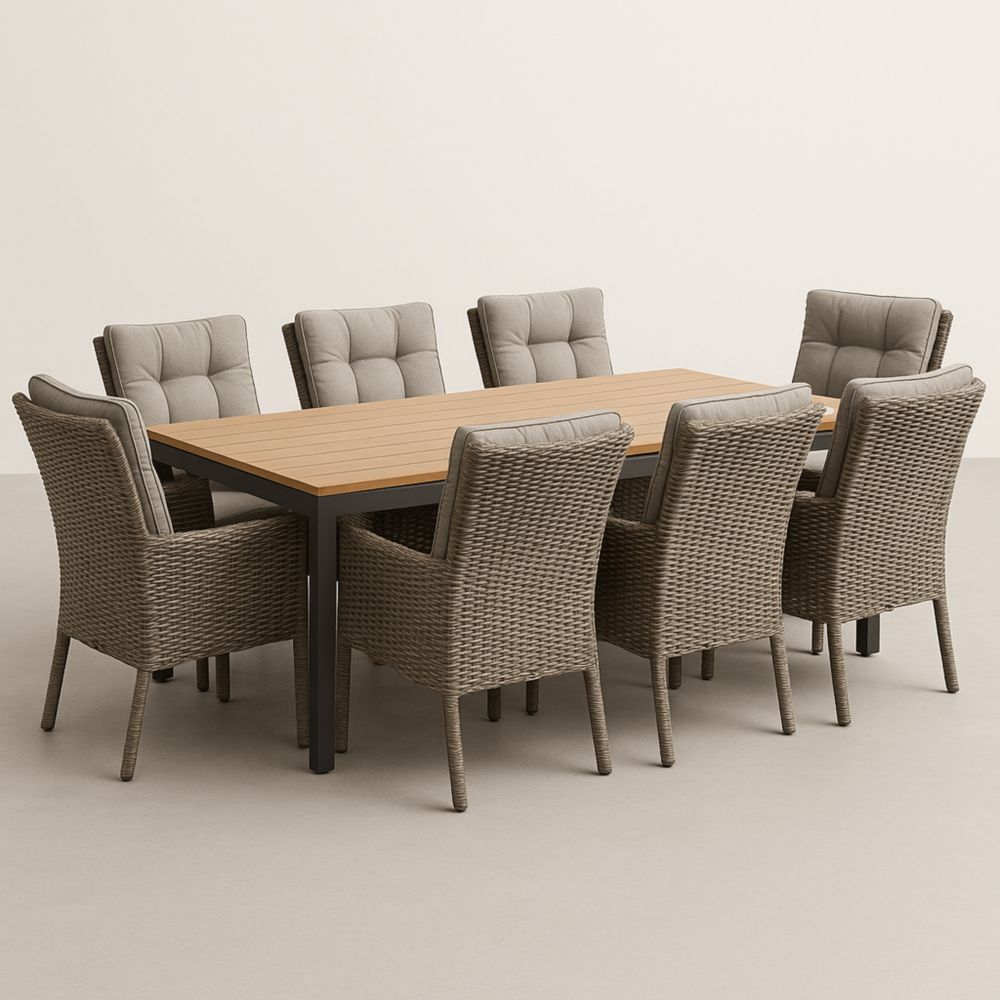 Ensemble Table Aluminium et 8 Chaises en Résine Tressée pour Extérieur Beige