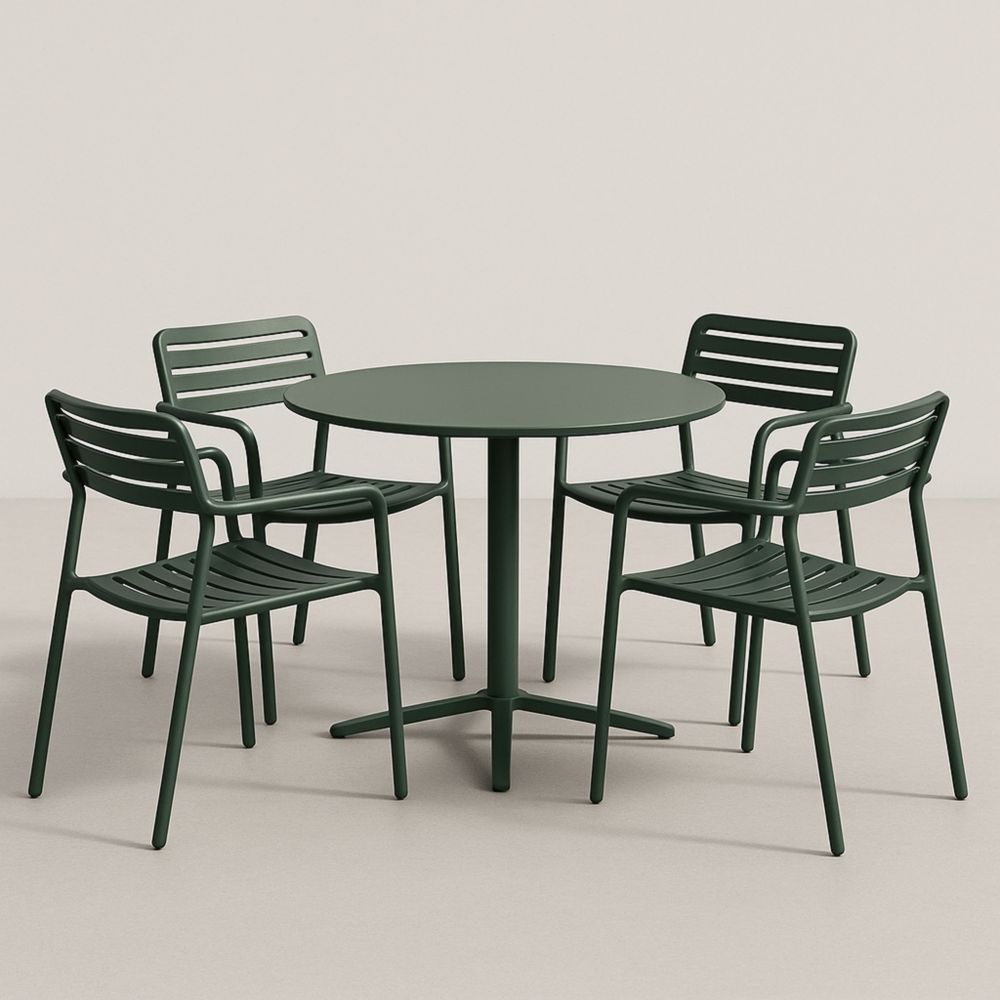 Ensemble table ronde et chaises en métal vert, diamètre 100 cm