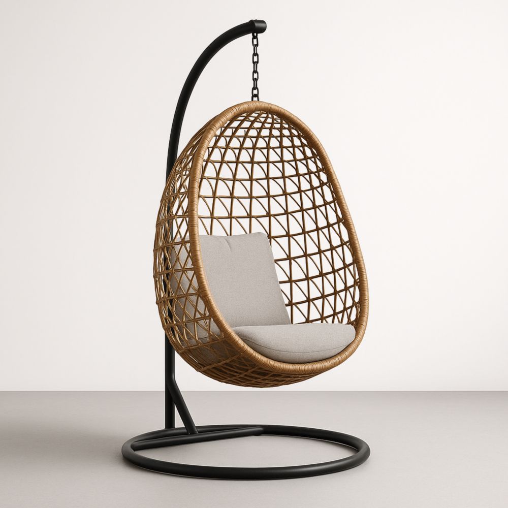 Chaise suspendue en rotin synthétique avec coussin gris