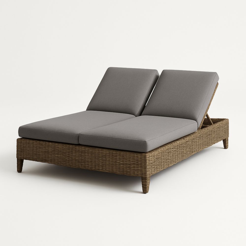 Bain de soleil double structure en rotin avec coussins en polyester gris