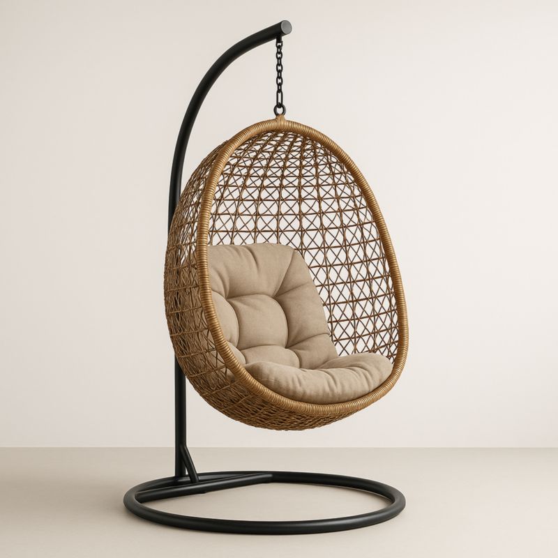 Chaise Œuf Suspendue en Rotin avec Support en Métal Noir et Coussin Beige