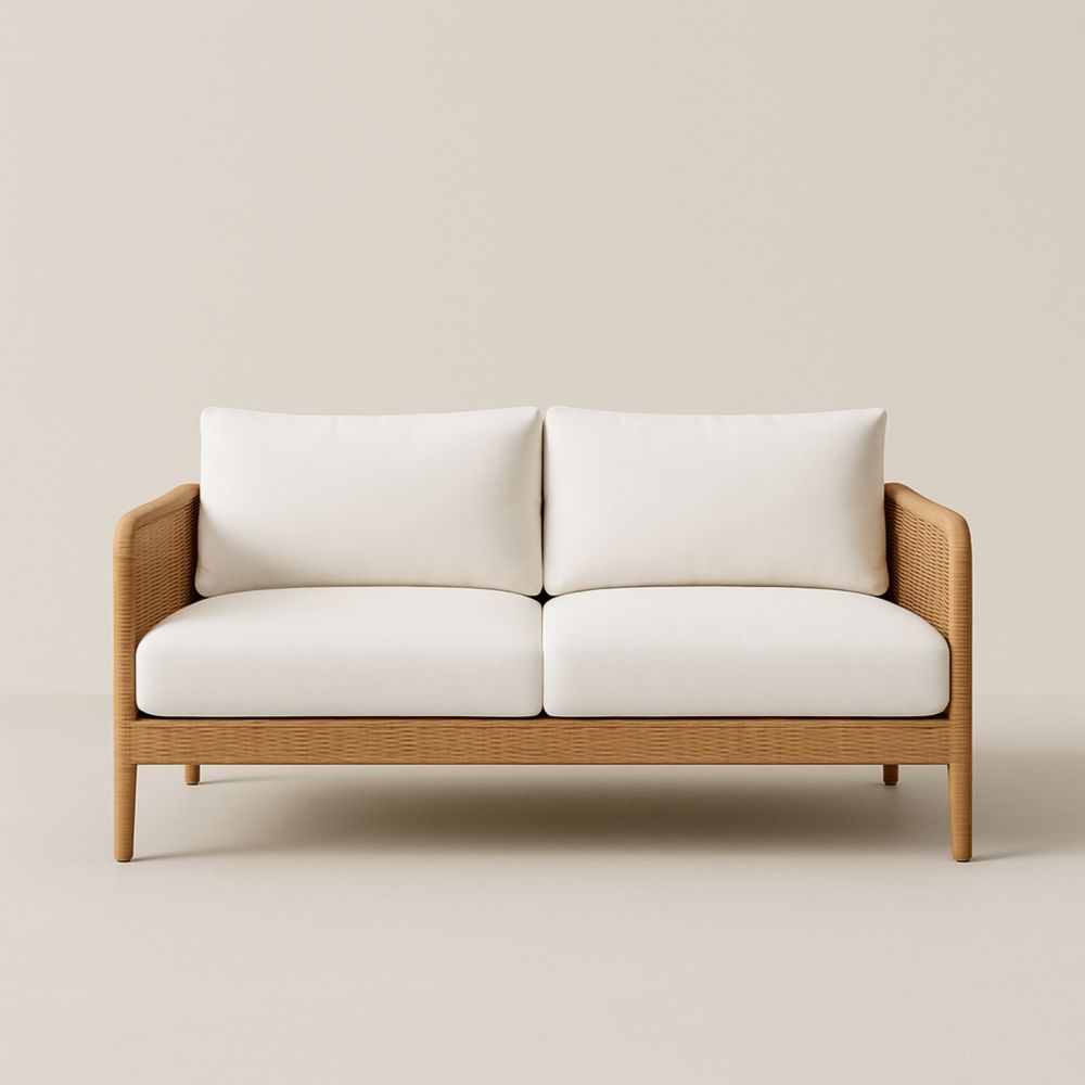 Canapé 2 places en rotin et coussins en tissu blanc