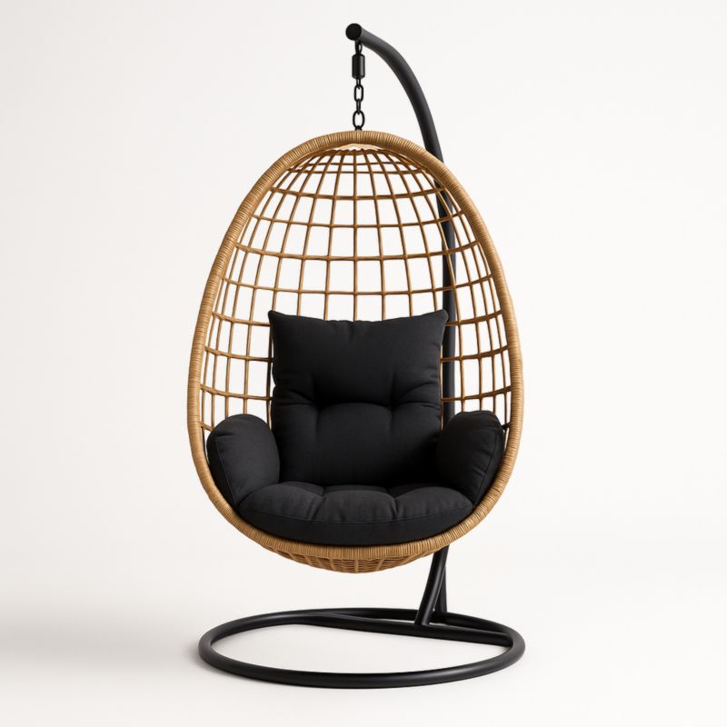 Chaise suspendue en résine tressée avec coussin polyester noir