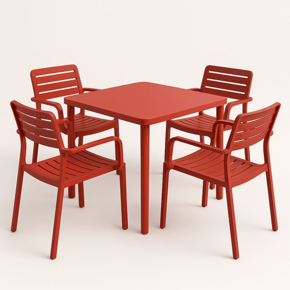Table Carrée et 4 Chaises en Polypropylène Rouge