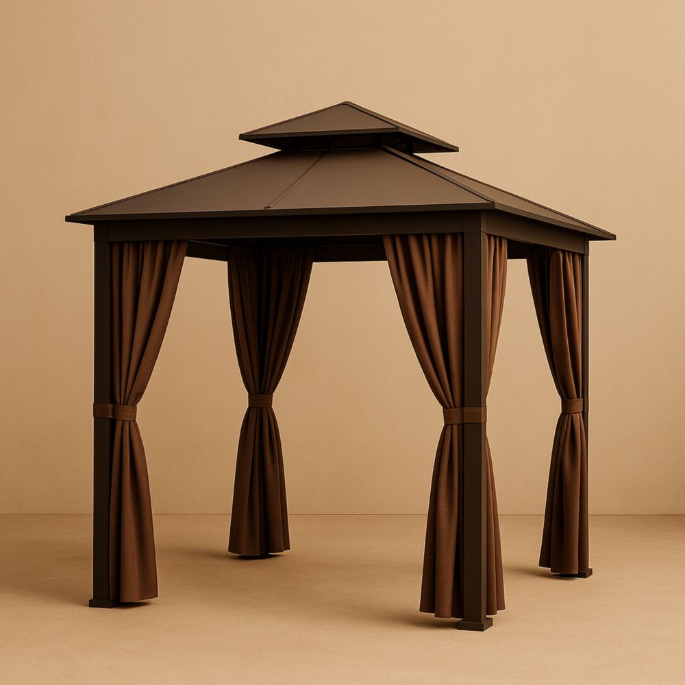 Tonnelle carrée en aluminium brun avec rideaux en polyester