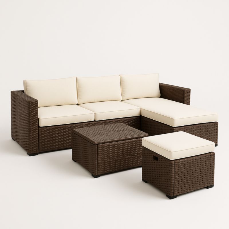 Ensemble de meubles en résine tressée marron avec coussins beiges