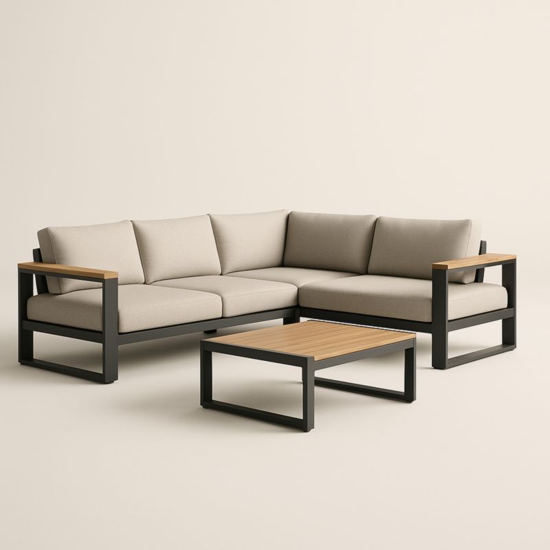 Canapé d'angle extérieur aluminium tissu polyester beige/marron/noir