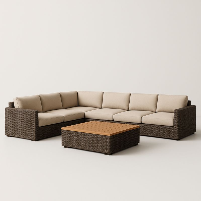 Ensemble de salon de jardin en rotin avec coussins en polyester et table basse en bois Marron/Écru