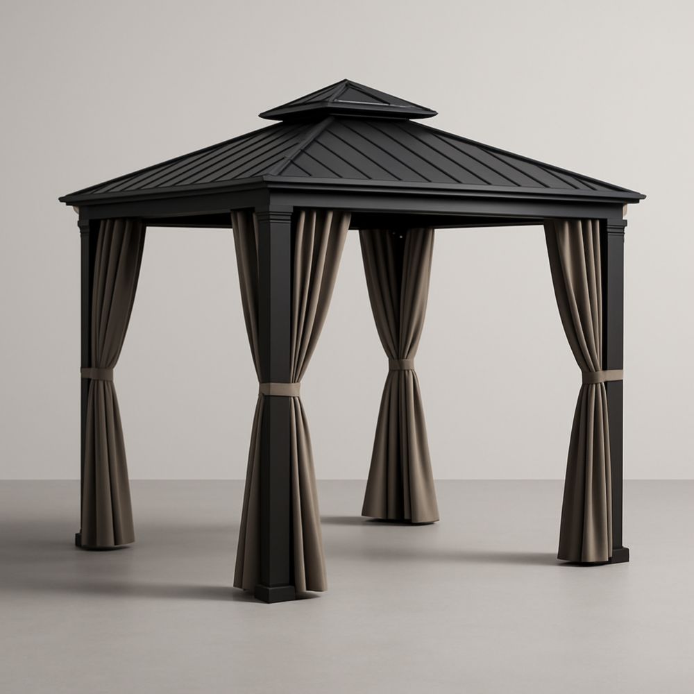 Pavillon de Jardin Aluminium avec Rideaux Noir et Brun