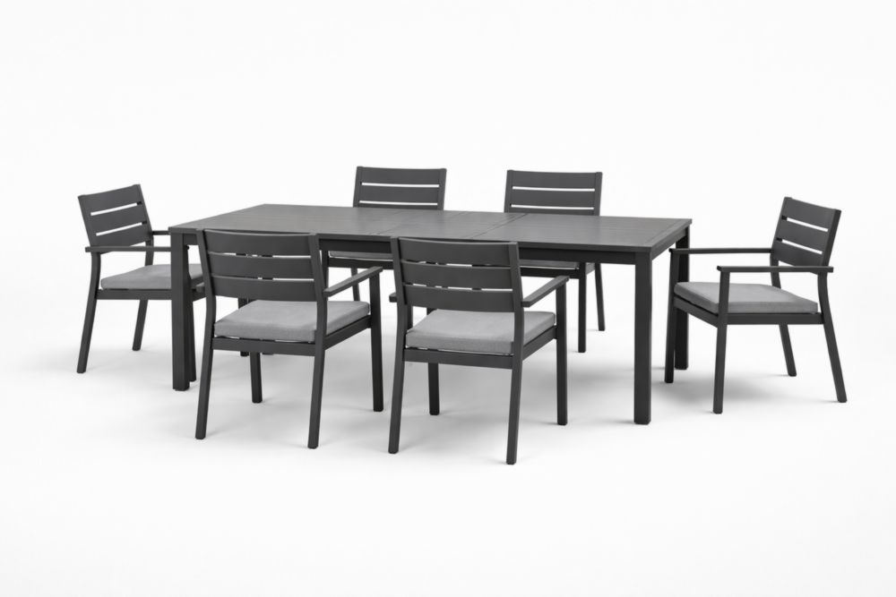 Ensemble de table à manger rectangulaire en aluminium avec 6 chaises grises