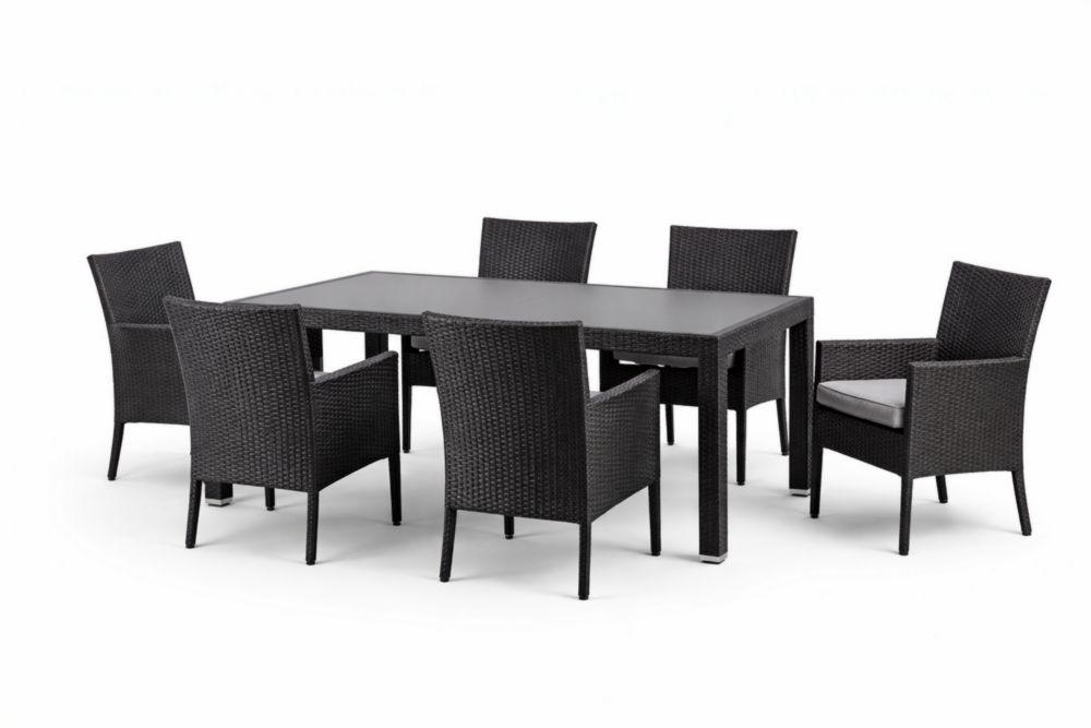 Ensemble de salle à manger extérieur 6 chaises en résine tressée noire avec table rectangulaire verre