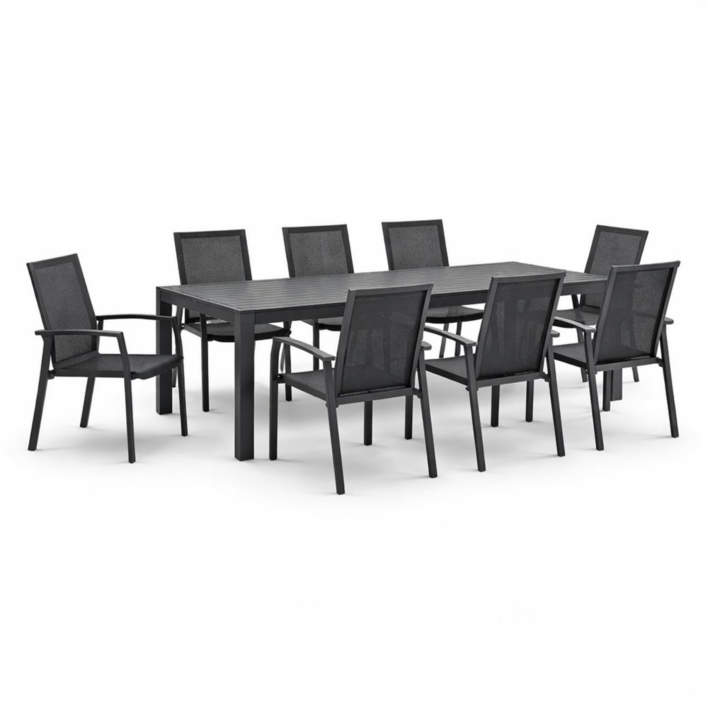 Ensemble table et 8 chaises en aluminium noir