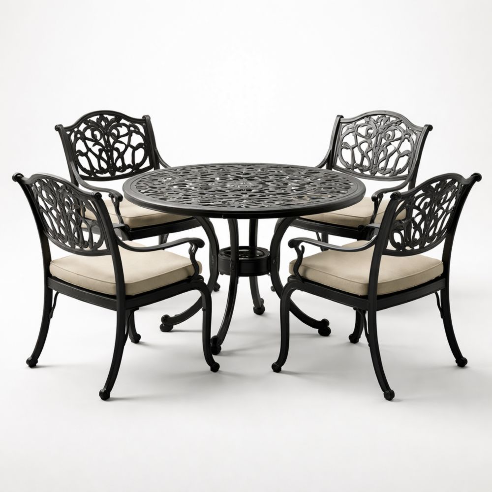 Table Ronde et 4 Chaises en Aluminium Noir avec Coussins