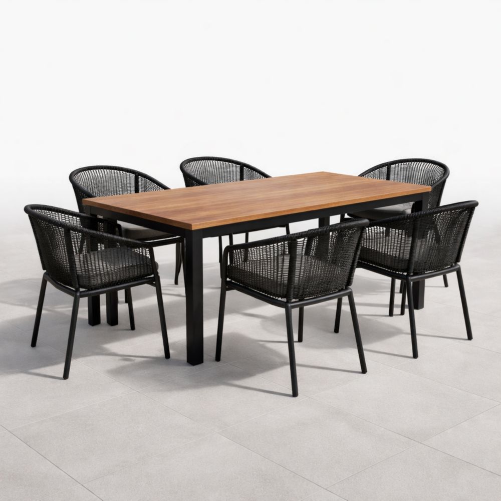 Ensemble Table à Manger Rectangle en Bois et Métal avec 6 Chaises en Corde Noires