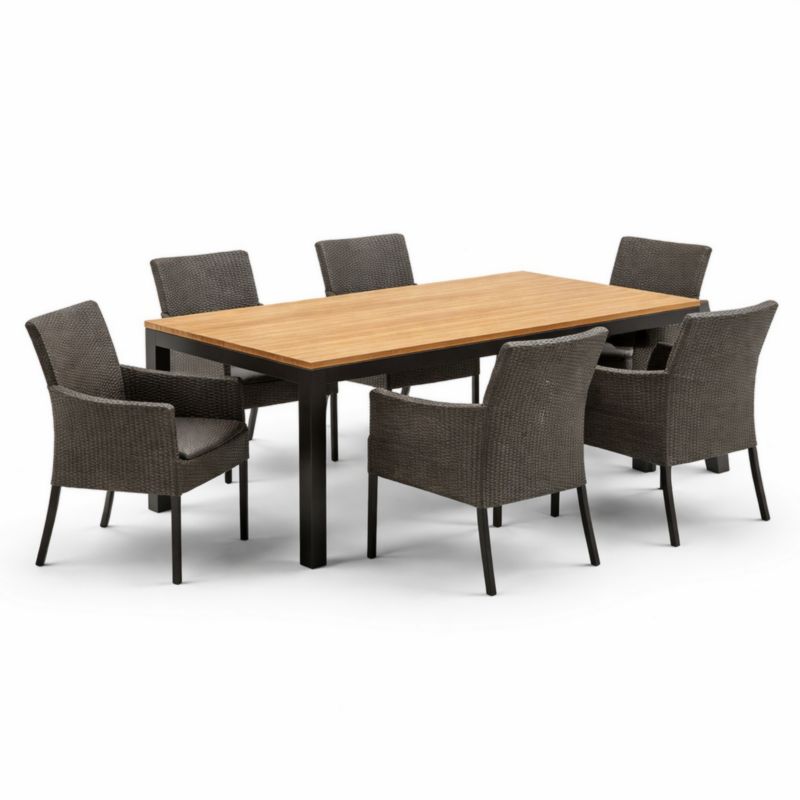 Table à manger rectangulaire avec 6 chaises en teck et rotin, 200x100x75 cm