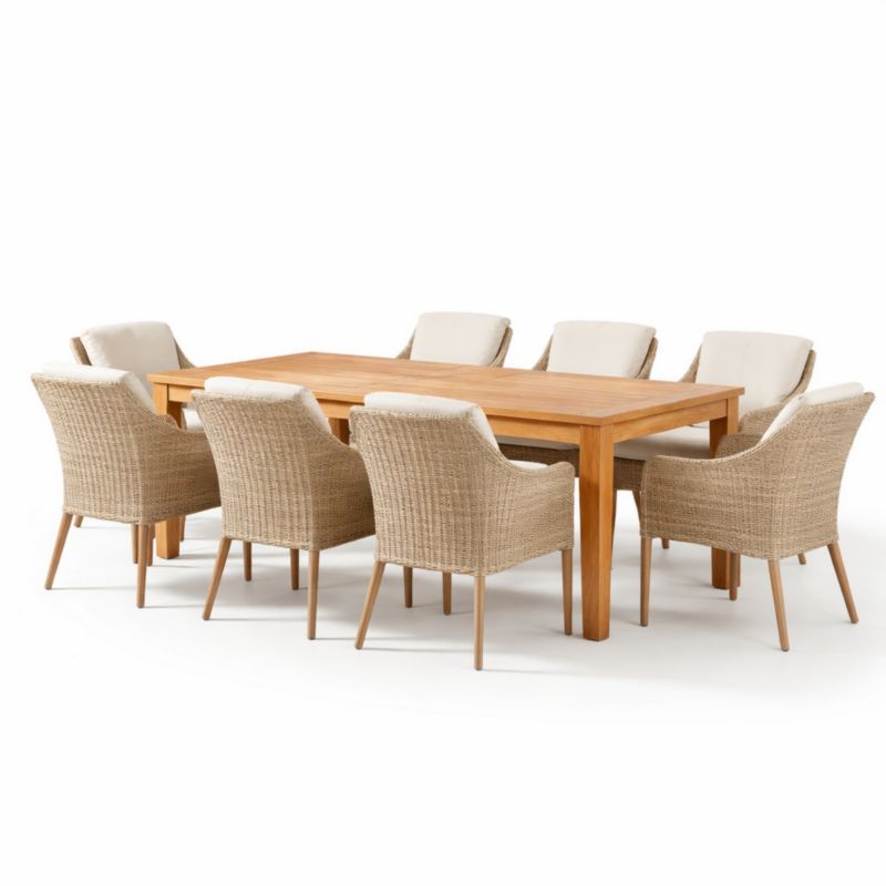 Ensemble table en bois et 8 chaises en rotin avec coussins beiges