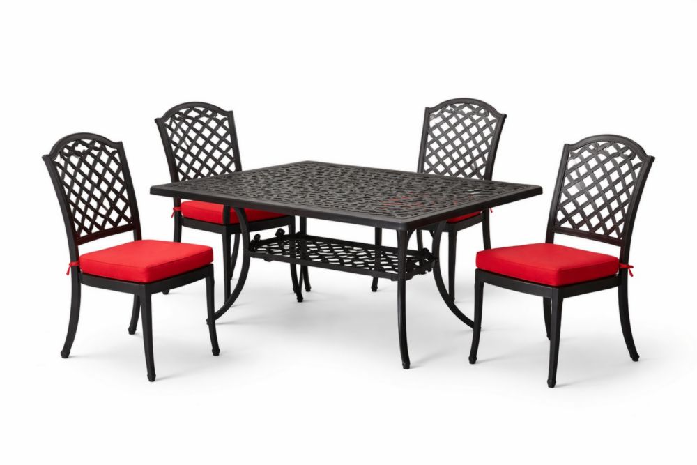 Ensemble de salle à manger d'extérieur en aluminium avec table et chaises équipées de coussins rouges