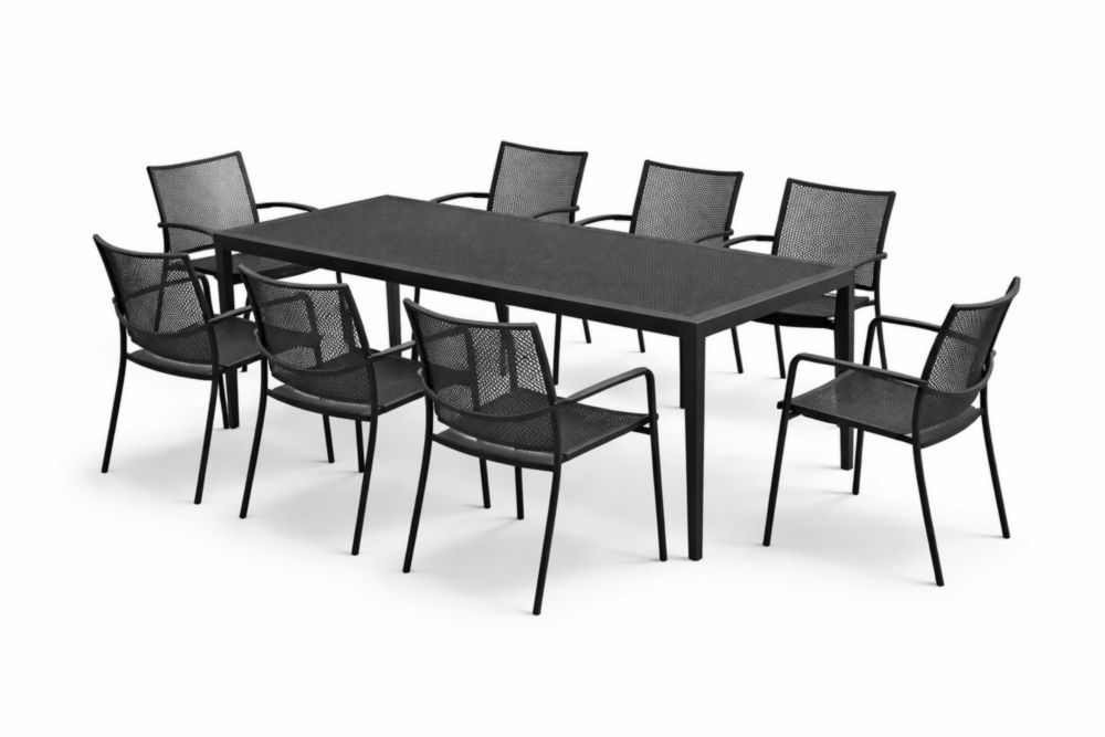 Ensemble de table à manger en acier noir avec 8 chaises