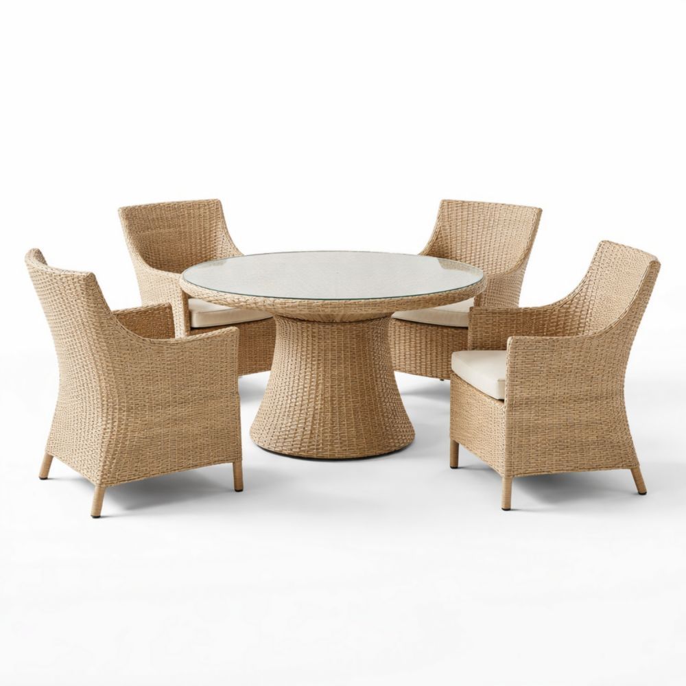 Ensemble de salle à manger en résine tressée avec table en verre trempé