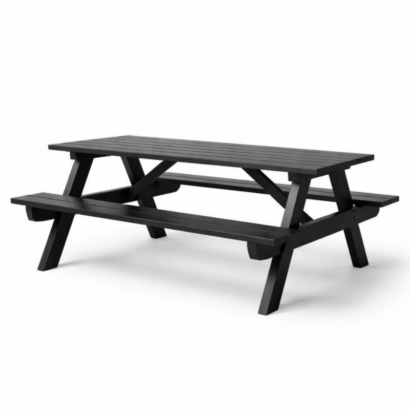 Table de pique-nique en bois noir avec bancs intégrés