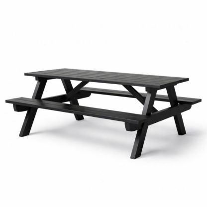 Table de pique-nique en bois noir avec bancs intégrés