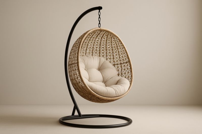 Fauteuil suspendu en rotin coussin beige structure en métal noir