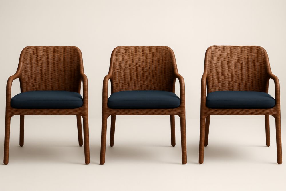 Lot de 3 chaises en rotin avec coussins en polyester bleu