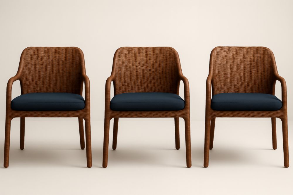 Lot de 3 chaises en rotin avec coussins en polyester bleu