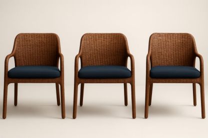 Lot de 3 chaises en rotin avec coussins en polyester bleu