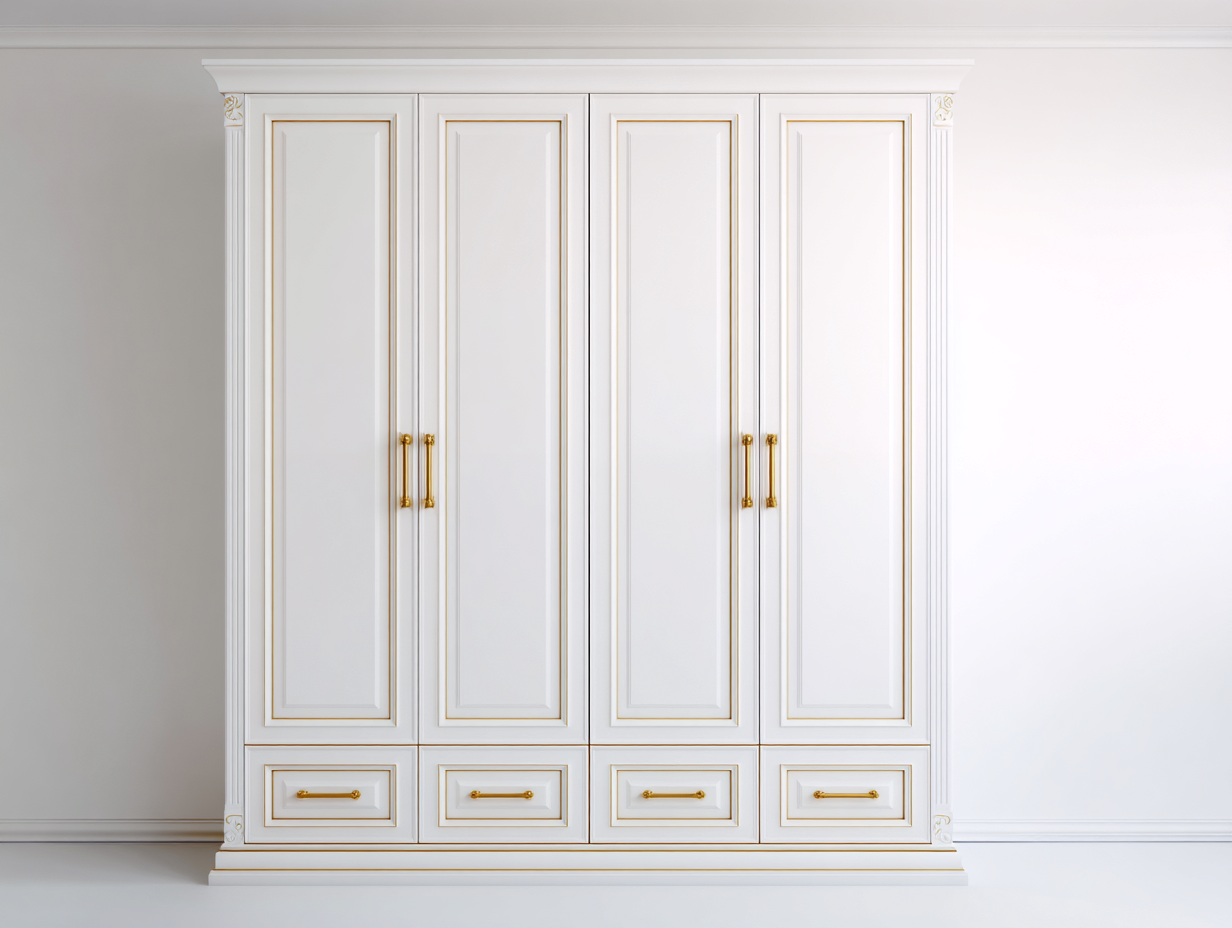 Kleiderschränke mit vier Türen Holzwerkstoff 200x60x210 cm - Weiß - Gold - Klassisches Design für Schlafzimmer-Homiuppad